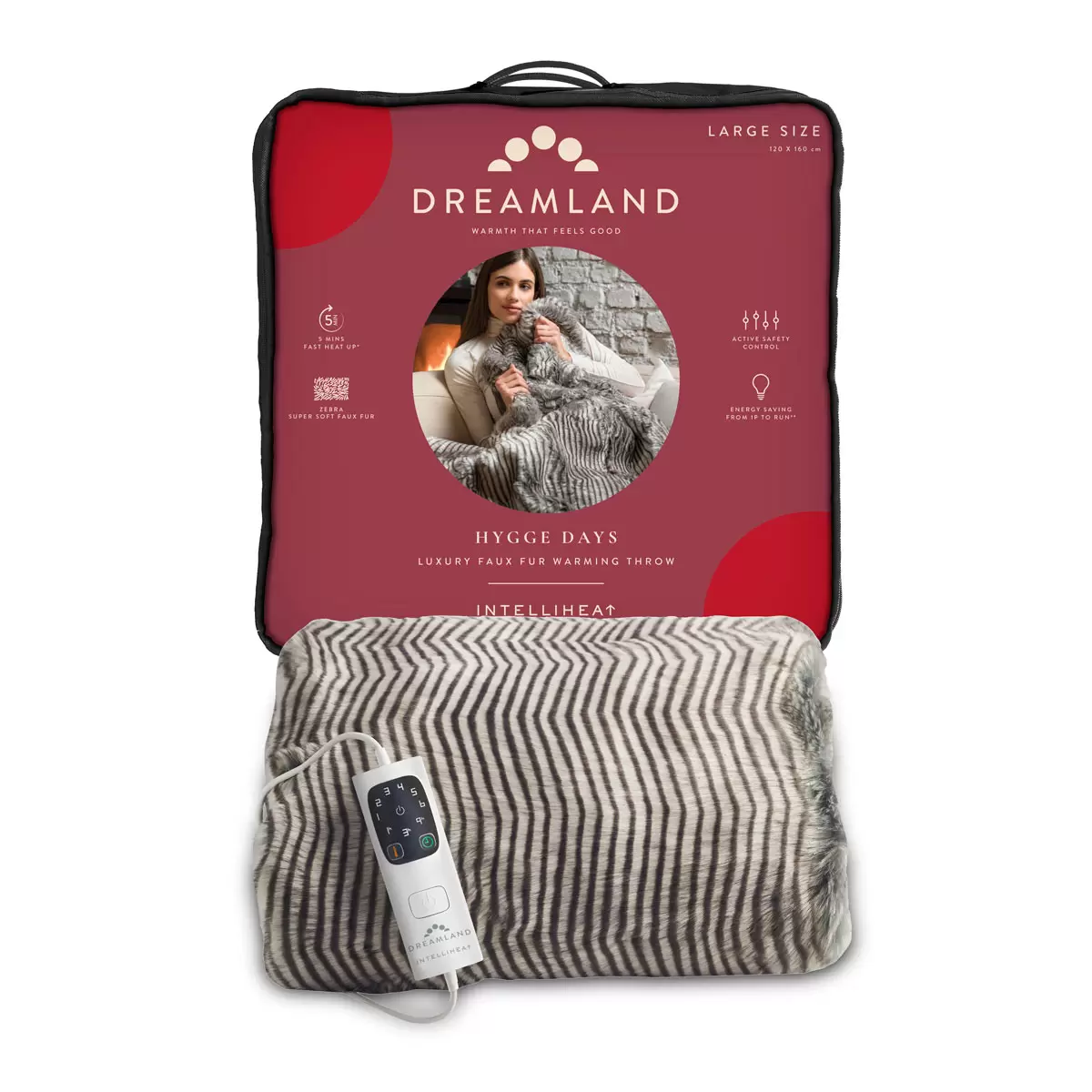 Dreamland Relaxwell Deluxe Faux Fur Heated Throw in Silver Zebra - Image 2