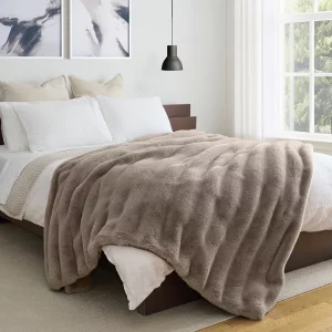 Faux Rabbit Fur Blanket in Taupe