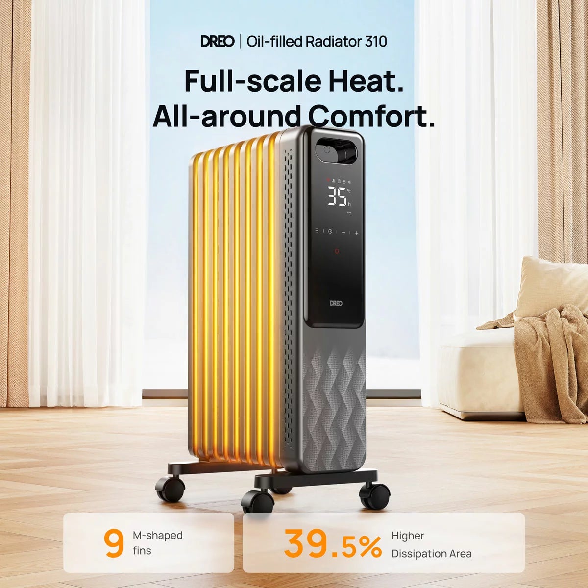 DREO DR-HSH010 9 Fins Oil Filled 2000W Radiator With LED Display - Image 7