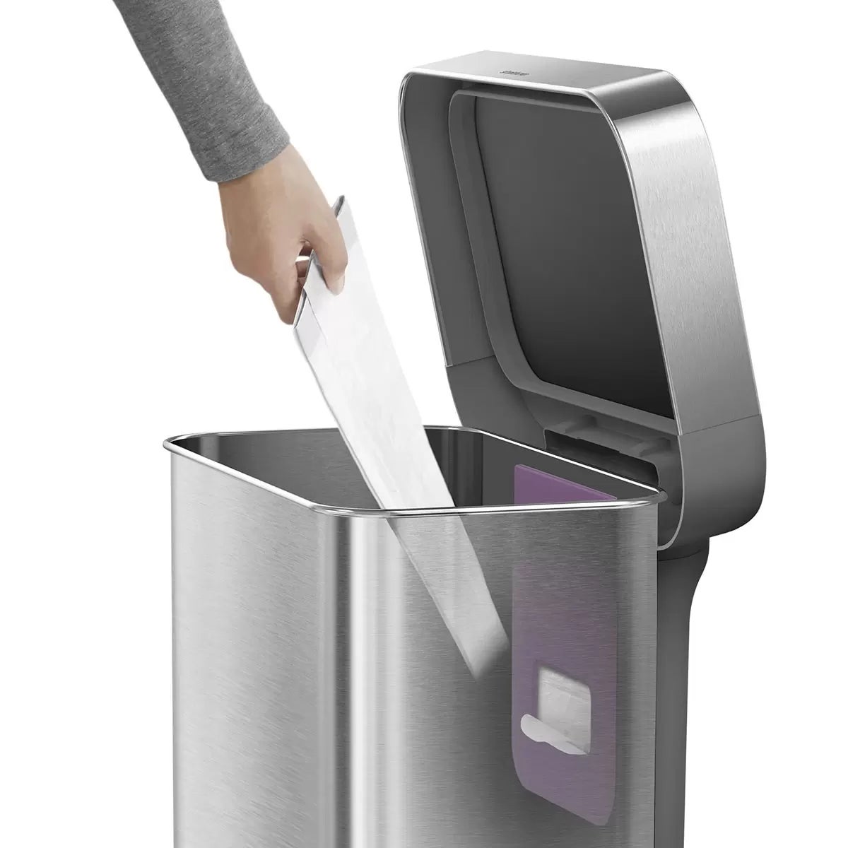 simplehuman Rectangular Step Can Bin 55L in Brushed Stainless Steel with Grey Plastic Lid - Image 4