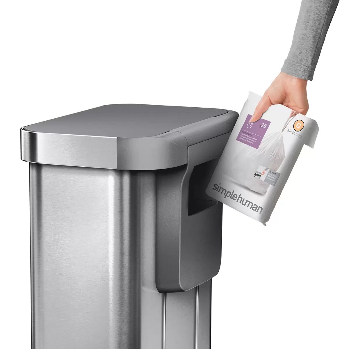 simplehuman Rectangular Step Can Bin 55L in Brushed Stainless Steel with Grey Plastic Lid - Image 2